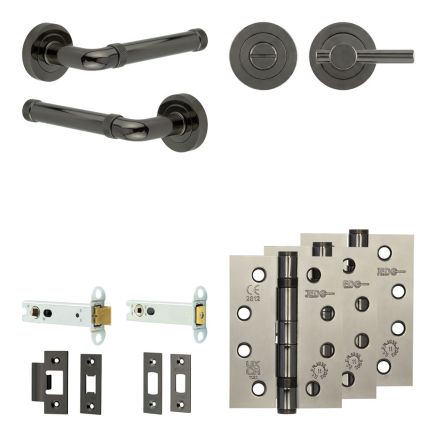Complete Midtown Door Handle Pack - Heavy Duty Tubular Bathroom (Plain Thumb Turn) - Black Nickel - 102mm / 4-inch Hinges - JE-G32A2-BN