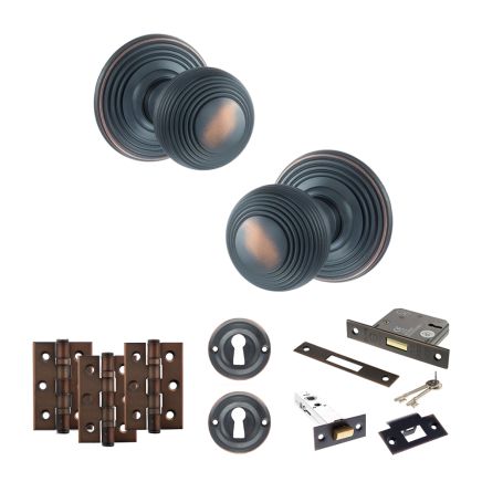 Old English Ripon Door Knob Pack (Lock Set - 3" Latch & Deadlock, 3" Fire Rated Hinges x3) - Antique Copper