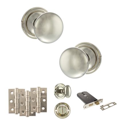 Old English Harrogate Door Knob Pack (Lock Set - Horizontal Bathlock, 3" Fire Rated Hinges x3) - Polished Nickel