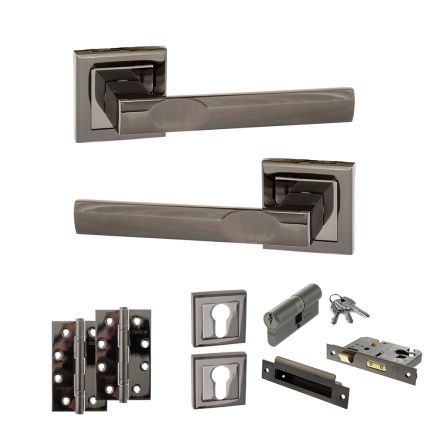 STATUS Kansas Door Handle Pack (Euro Lock Set - 3" CE Sashlock, 4" Slim Knuckle Hinges x2) - Black Nickel