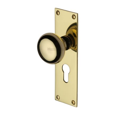 Heritage Brass Mortice Knob on Euro Profile Plate Balmoral Design Polished Brass finish