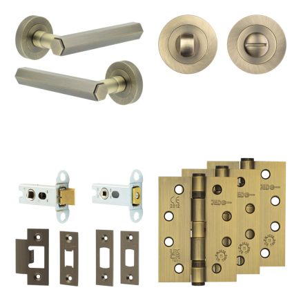 Complete Hex Door Handle Pack - Heavy Duty Tubular Bathroom (Standard Thumb Turn) - Antique Brass - 64mm / 4-inch Hinges - JE-C30A3-AB