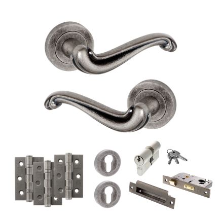 Old English Colchester Door Handle Pack (Euro Lock Set - 2.5" CE Sashlock, 3" Fire Rated Hinges x3) - Distressed Silver