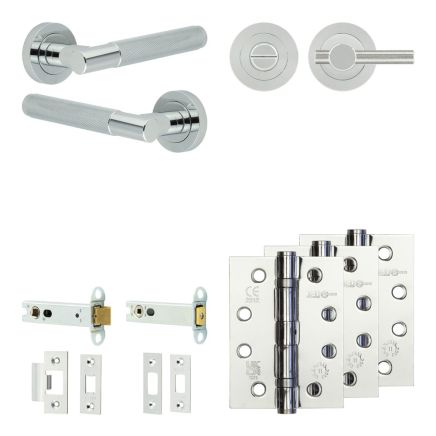 Complete Bari Door Handle Pack - Heavy Duty Tubular Bathroom (Knurled Thumb Turn) - Polished Chrome - 102mm / 4-inch Hinges - JE-D32A1-PC