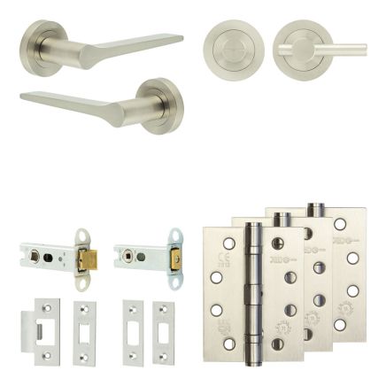 Complete Gio Door Handle Pack - Heavy Duty Tubular Bathroom (Plain Thumb Turn) - Satin Nickel - 76mm / 4-inch Hinges - JE-E31A2-SN
