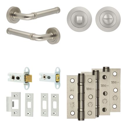 Complete Midtown Door Handle Pack - Heavy Duty Tubular Bathroom (Standard Thumb Turn) - Satin Nickel - 64mm / 3-inch Hinges - JE-G30B3-SN