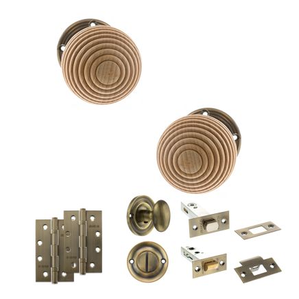 Old English Bridlington Door Knob Pack (Bathroom Set - 3" Deadbolt, 4" Slim Knuckle Hinges x2) - Antique Brass