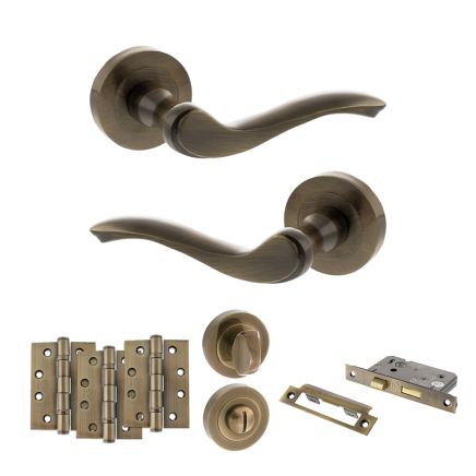 Old English Warwick Door Handle Pack (Bathroom Set - 2.5" CE Bathroom Lock, 4" Fire Rated Hinges x3) - Antique Brass