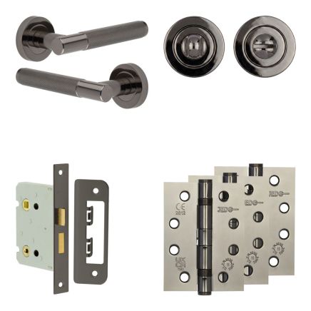 Complete Bari Door Handle Pack - Bathroom Lock (Standard Thumb Turn) - Black Nickel - 76mm / 4-inch Hinges - JE-D6A3-BN