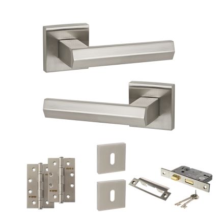 Senza Pari Davoli Door Handle Pack (3 Lever Lock Set - 2.5" CE Sashlock, 4" Slim Knuckle Hinges x2) - Satin Nickel