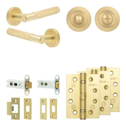Complete Bari Door Handle Pack - Heavy Duty Tubular Bathroom (Standard Thumb Turn) - Satin Brass - 76mm / 4-inch Hinges - JE-D31A3-SB