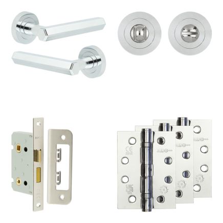 Complete Hex Door Handle Pack - Bathroom Lock (Standard Thumb Turn) - Polished Chrome - 65mm / 4-inch Hinges - JE-C5A3-PC