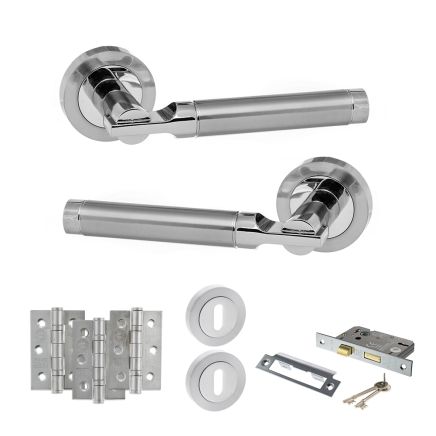 STATUS Dakota Door Handle Pack (3 Lever Lock Set - 2.5" CE Sashlock, 3" Fire Rated Hinges x3) - Satin Chrome/Polished Chrome