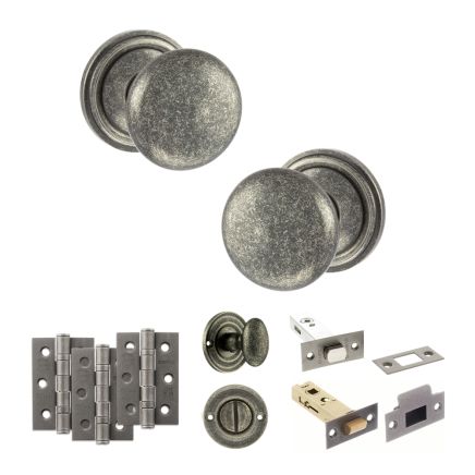 Old English Harrogate Door Knob Pack (Bathroom Set - 3" Deadbolt, 3" Fire Rated Hinges x3) - Distressed Silver