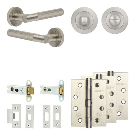 Complete Bari Door Handle Pack - Heavy Duty Tubular Bathroom (Standard Thumb Turn) - Satin Nickel - 76mm / 4-inch Hinges - JE-D31A3-SN