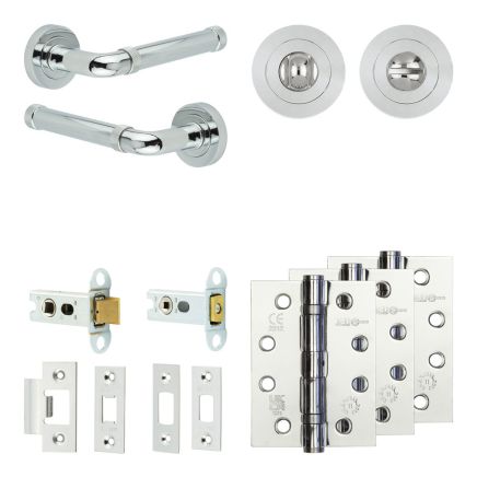 Complete Midtown Door Handle Pack - Heavy Duty Tubular Bathroom (Standard Thumb Turn) - Polished Chrome - 64mm / 4-inch Hinges - JE-G30A3-PC