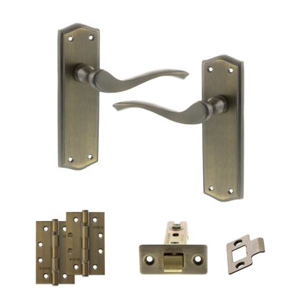 Old English Warwick Door Handle Pack (Latch Set - 2.5" CE Latch, 4" Slim Knuckle Hinges x2) - Matt Antique Brass