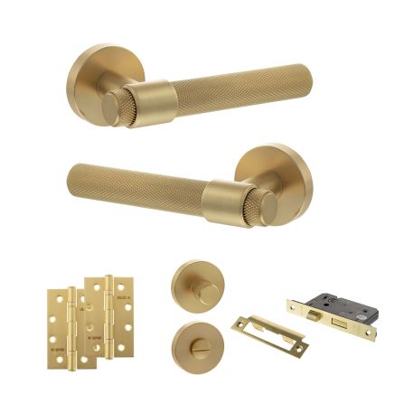 Senza Pari Andretta Door Handle Pack (Bathroom Set - 2.5" CE Bathroom Lock, 4" Slim Knuckle Hinges x2) - Satin Brass
