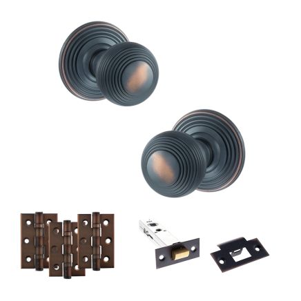 Old English Ripon Door Knob Pack (Latch Set - 3" HD Latch, 3" Fire Rated Hinges x3) - Antique Copper