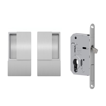AGB Wave Flush Pocket Door Handle & Euro Profile Lock Set - Satin Chrome