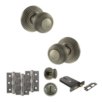 Old English Ripon Door Knob Pack (Lock Set - Horizontal Bathlock, 3" Fire Rated Hinges x3) - Matt Gun Metal