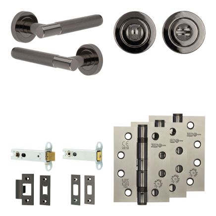 Complete Bari Door Handle Pack - Heavy Duty Tubular Bathroom (Standard Thumb Turn) - Black Nickel - 102mm / 4-inch Hinges - JE-D32A3-BN