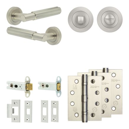 Complete Bloom Door Handle Pack - Heavy Duty Tubular Bathroom (Standard Thumb Turn) - Satin Nickel - 76mm / 4-inch Hinges - JE-B31A3-SN