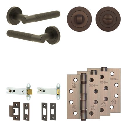 Complete Venice Door Handle Pack - Heavy Duty Tubular Bathroom (Standard Thumb Turn) - Dark Bronze - 102mm / 4-inch Hinges - JE-F32A3-DB