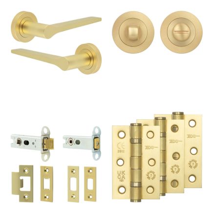Complete Gio Door Handle Pack - Heavy Duty Tubular Bathroom (Standard Thumb Turn) - Satin Brass - 76mm / 3-inch Hinges - JE-E31B3-SB