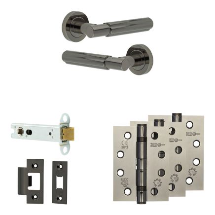 Complete Bloom Door Handle Pack - Heavy Duty Latch - Black Nickel - 102mm / 4-inch Hinges - JE-B22A-BN