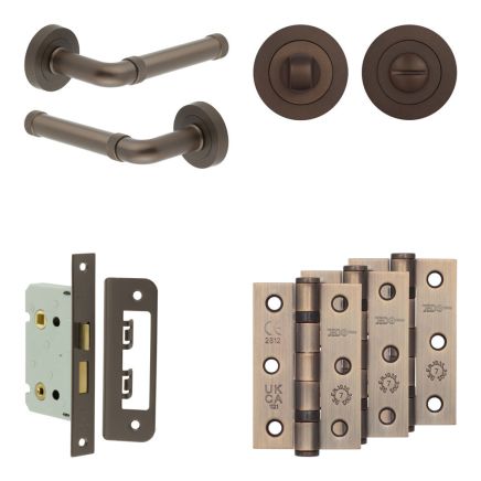 Complete Midtown Door Handle Pack - Bathroom Lock (Standard Thumb Turn) - Dark Bronze - 65mm / 3-inch Hinges - JE-G5B3-DB