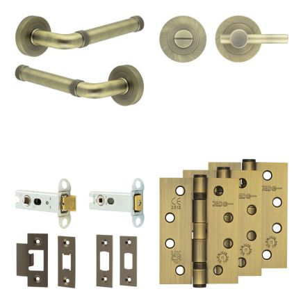 Complete Midtown Door Handle Pack - Heavy Duty Tubular Bathroom (Plain Thumb Turn) - Antique Brass - 76mm / 4-inch Hinges - JE-G31A2-AB