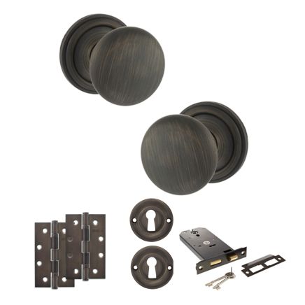 Old English Harrogate Door Knob Pack (Lock Set - Horizontal Sashlock, 4" Slim Knuckle Hinges x2) - Urban Bronze