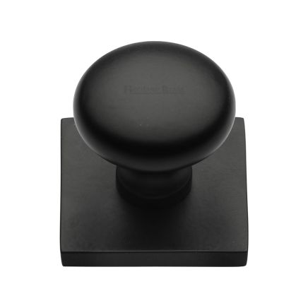 Heritage Brass Cabinet Knob Victorian Round Design with Square Backplate 32mm Matt Black finish