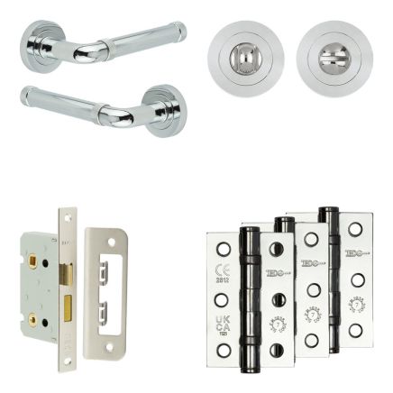 Complete Midtown Door Handle Pack - Bathroom Lock (Standard Thumb Turn) - Polished Chrome - 65mm / 3-inch Hinges - JE-G5B3-PC