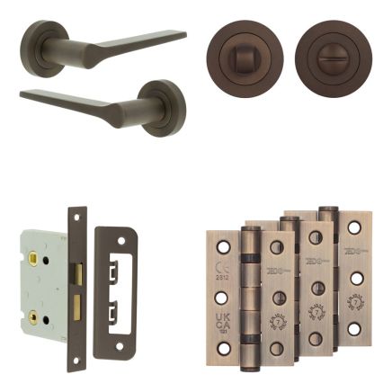 Complete Gio Door Handle Pack - Bathroom Lock (Standard Thumb Turn) - Dark Bronze - 76mm / 3-inch Hinges - JE-E6B3-DB