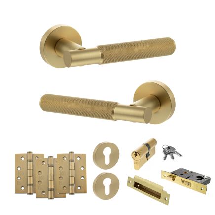 Senza Pari Rosarno Door Handle Pack (Euro Lock Set - 3" CE Sashlock, 4" Fire Rated Hinges x3) - Satin Brass