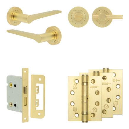 Complete Gio Door Handle Pack - Bathroom Lock (Plain Thumb Turn) - Satin Brass - 76mm / 4-inch Hinges - JE-E6A2-SB