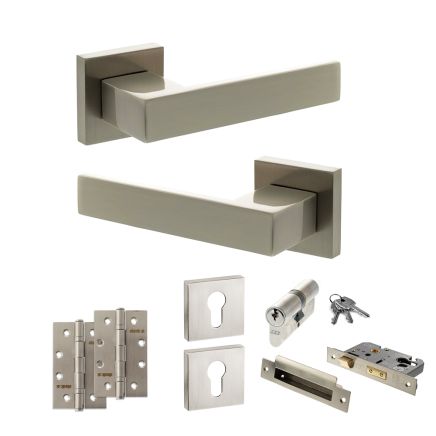 Senza Pari Panetti Door Handle Pack (Euro Lock Set - 3" CE Sashlock, 4" Slim Knuckle Hinges x2) - Satin Nickel