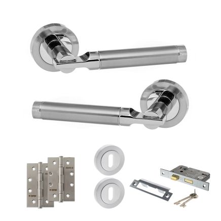STATUS Dakota Door Handle Pack (3 Lever Lock Set - 3" CE Sashlock, 4" Slim Knuckle Hinges x2) - Satin Chrome/Polished Chrome