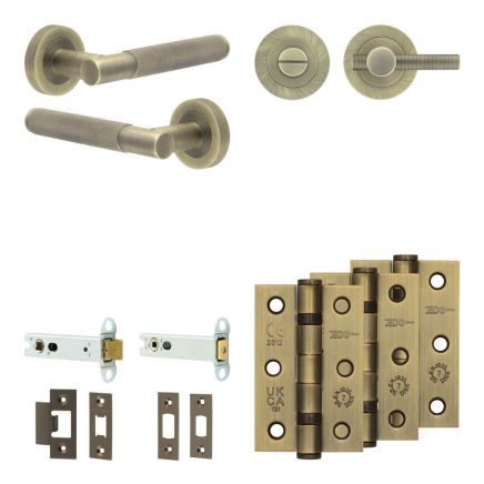 Complete Bari Door Handle Pack - Heavy Duty Tubular Bathroom (Knurled Thumb Turn) - Antique Brass - 102mm / 3-inch Hinges - JE-D32B1-AB