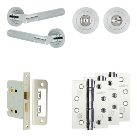 Complete Bari Door Handle Pack - Bathroom Lock (Standard Thumb Turn) - Polished Chrome - 76mm / 4-inch Hinges - JE-D6A3-PC