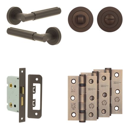 Complete Bloom Door Handle Pack - Bathroom Lock (Standard Thumb Turn) - Dark Bronze - 65mm / 3-inch Hinges - JE-B5B3-DB