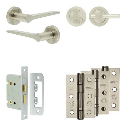 Complete Gio Door Handle Pack - Bathroom Lock (Plain Thumb Turn) - Satin Nickel - 76mm / 3-inch Hinges - JE-E6B2-SN