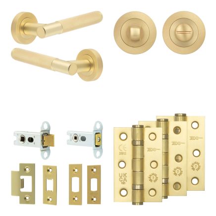 Complete Bari Door Handle Pack - Heavy Duty Tubular Bathroom (Standard Thumb Turn) - Satin Brass - 64mm / 3-inch Hinges - JE-D30B3-SB