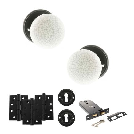 Old English Skipton Door Knob Pack (Lock Set - Horizontal Sashlock, 4" Fire Rated Hinges x3) - Matt Black
