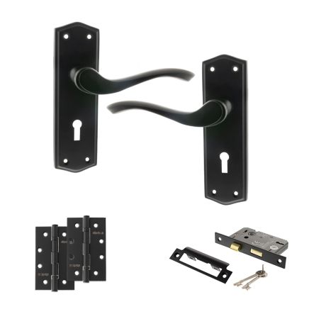 Old English Warwick Door Handle Pack (3 Lever Lock Set - 2.5" CE Sashlock, 4" Slim Knuckle Hinges x2) - Matt Black