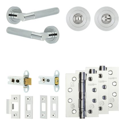 Complete Bari Door Handle Pack - Heavy Duty Tubular Bathroom (Standard Thumb Turn) - Polished Chrome - 64mm / 4-inch Hinges - JE-D30A3-PC
