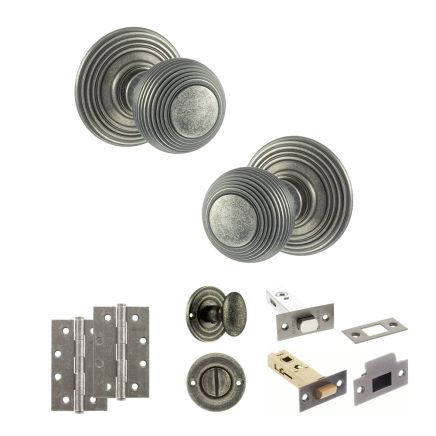 Old English Ripon Door Knob Pack (Bathroom Set - 3" Deadbolt, 4" Slim Knuckle Hinges x2) - Distressed Silver