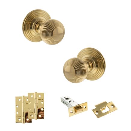 Old English Ripon Door Knob Pack (Latch Set - 4" HD Latch, 4" Slim Knuckle Hinges x2) - Raw Brass